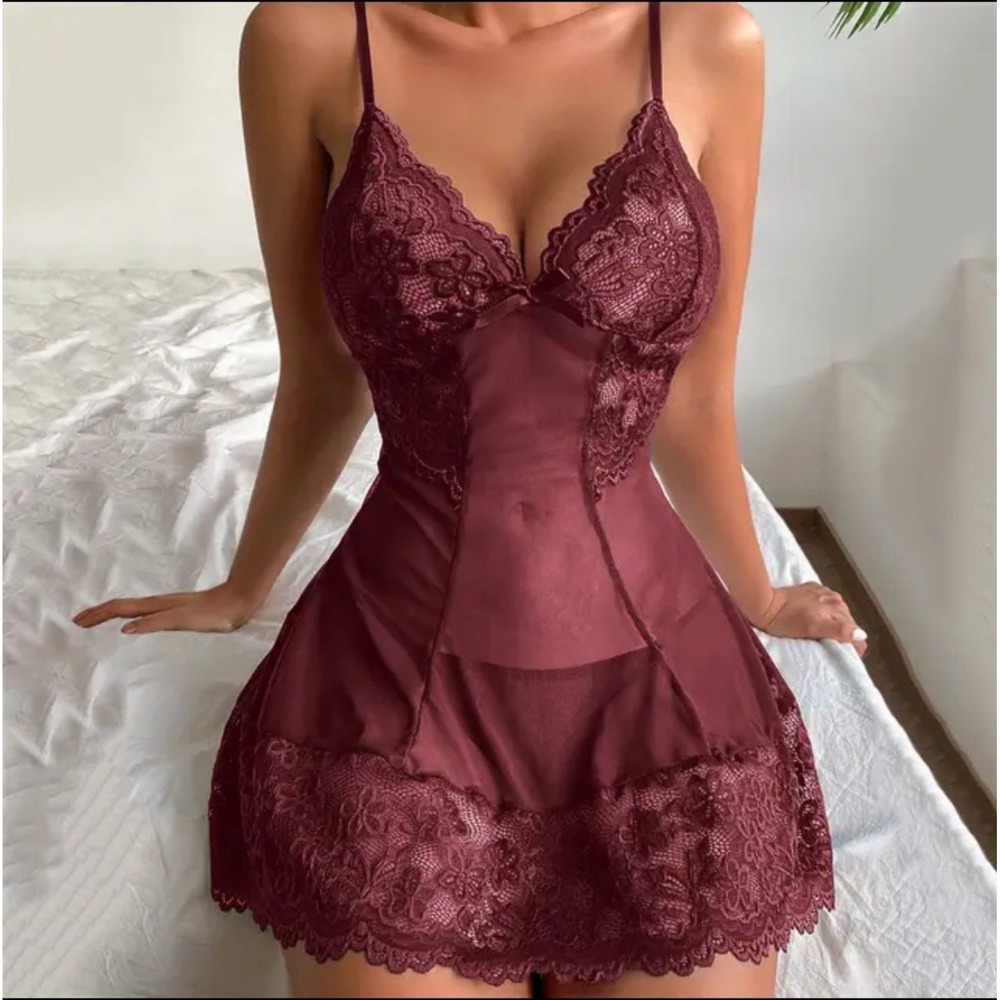 NEW BURGUNDY Lace Mesh Chemise  Thong Set  European Style Lingerie Sexy Negligee